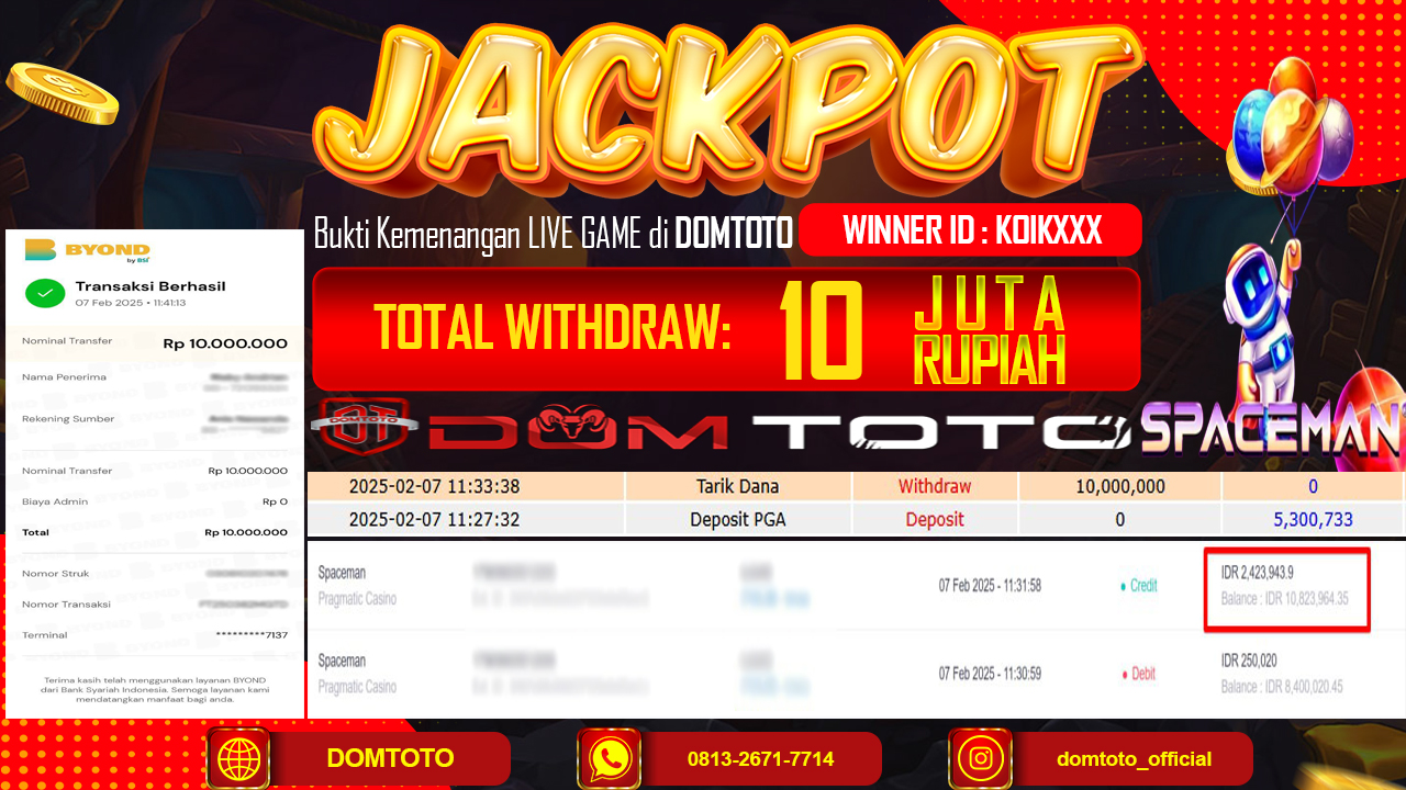 JACKPOT  LIVE GAME SPACEMAN 7 FEBRUARI 2025